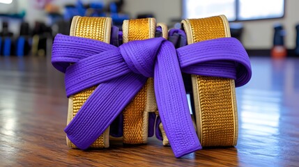 Purple and Gold Martial Arts Belts on Wooden Floor