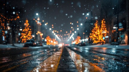 Snowy city night street lights bokeh winter holiday background