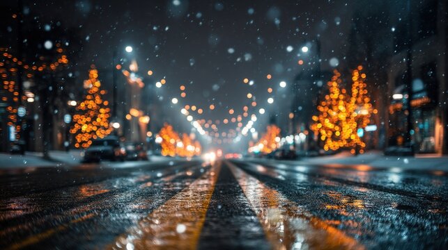 Snowy city night street lights bokeh winter holiday background