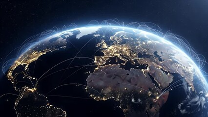 Glowing Earth with bright light connections across continents at night - Powered by Adobe