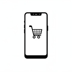Black vector icon of a shopping cart displayed on a smartphone screen silhouette 