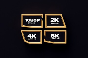 Four golden squares display various hd resolutions