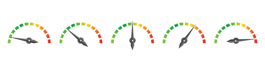 Speedometer Performance Rating Icons Set &ndash; Colorful Gauge Meters Showing Level Indicators for Power, Speed, Load, or Efficiency process