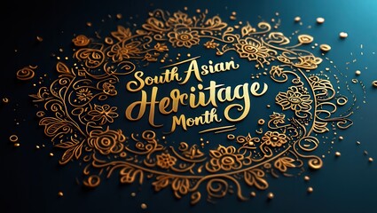 Vibrant South Asian Heritage Month Typography with Floral Motifs and Festive Gold Accents on Teal Background Generative AI 