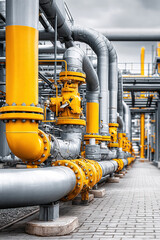 Modern gas pipeline system with shining pipes and pumps in a complex setup