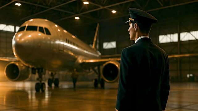 Pilot inspects a silent jet in golden hangar light, polished metal gleams as the attentive pilot checks wings, soft echoes linger while the seasoned pilot ensures safe skies. concept aviation safety