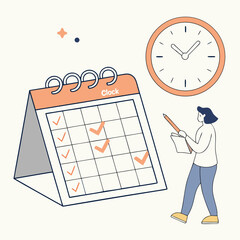 Digital illustration of a desk calendar with a stopwatch and pencil, symbolizing time management, deadlines, and important dates.
