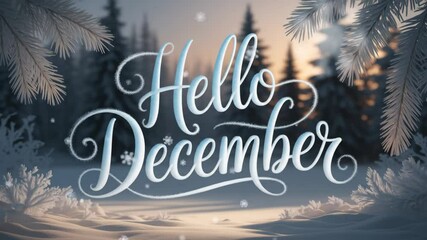 Winter landscape with snow-covered forest and "Hello December" greeting. Holiday season opener for social media, websites, and e-cards.