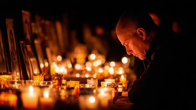 Man Reflecting on All Saints Day Surrounded by Glowing Candles