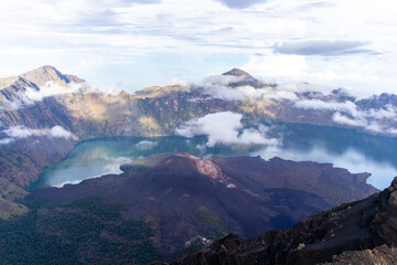 Mount Rinjani active volcano crater and lake