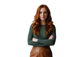 Portrait of a confident redhead woman with arms crossed, isolated on transparent background