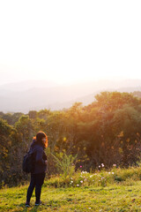 Asian young woman backpack smiling and standing with wildflower and beautiful landscape of valley Doi Luang Chiang Dao mountain, Chiang Mai Province of Thailand
