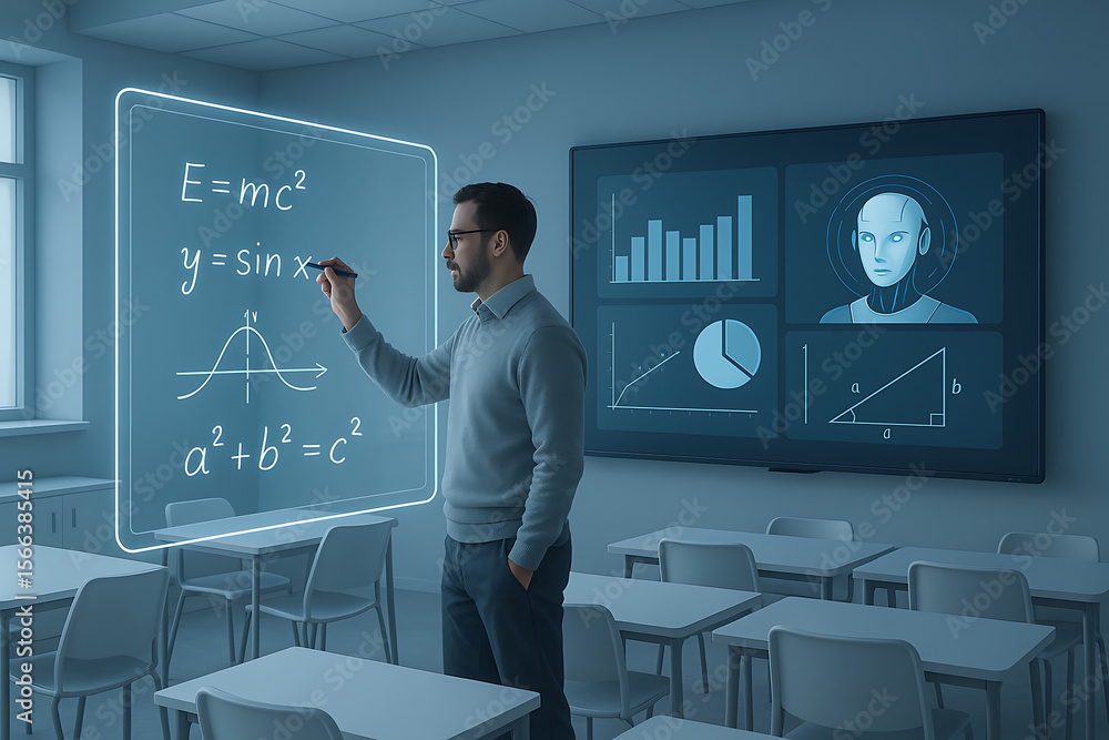 Poster futuristic classroom interaction with teacher writing on holographic display and ai robot monitoring
