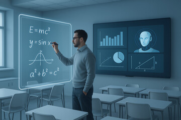 Futuristic Classroom Interaction with Teacher Writing on Holographic Display and AI Robot Monitoring Data on Large Screen for Modern Education and Digital Learning