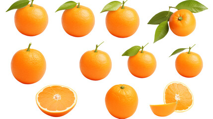 Vibrant oranges with green leaves are arranged  isolated on transparent background
