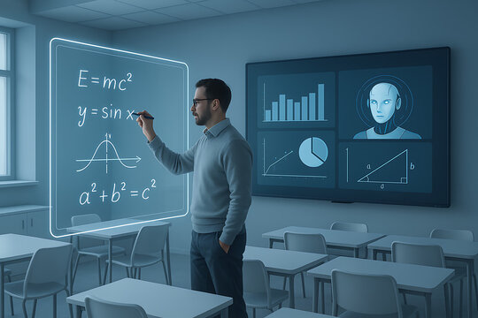 Futuristic Classroom Interaction with Teacher Writing on Holographic Display and AI Robot Monitoring Data on Large Screen for Modern Education and Digital Learning