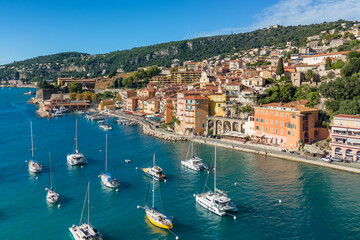 Aerial view of the Villefranche-sur-Mer near Nice, Cote d'Azur, southern France.