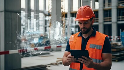 Man in hard hat uses tablet with holographic building plans on construction site - Powered by Adobe