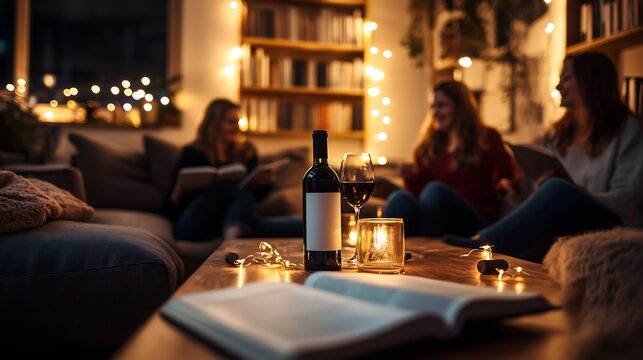 Cozy Book Club Gathering with Wine and Friends
