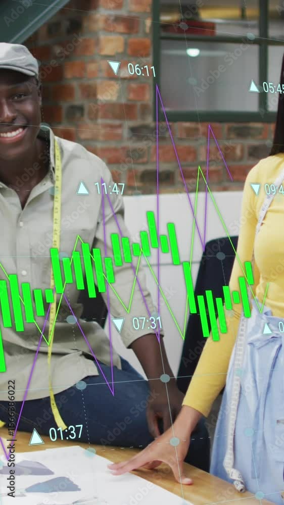 Poster animation of multiple graphs with changing numbers over smiling diverse designers looking at camera