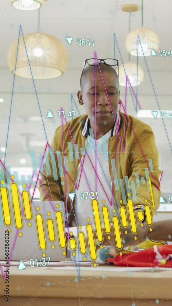 Aufkleber animation of multiple graphs with changing numbers over diverse coworkers sharing ideas in office