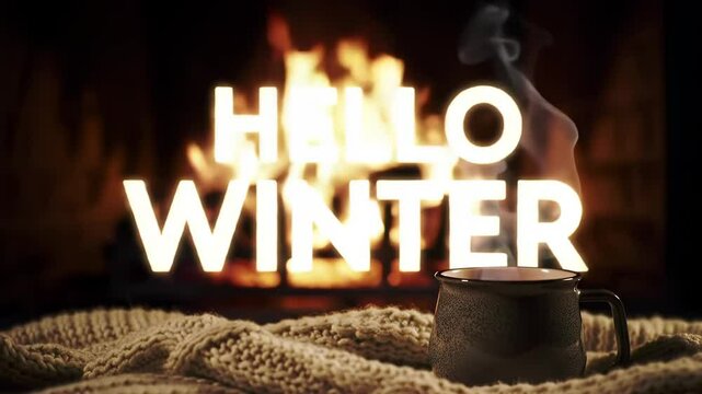 Cozy evening scene with fireplace and warm drink. "Hello Winter" message for a welcoming holiday or seasonal greeting.