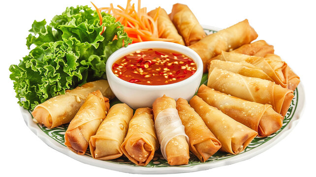 Crispy Thai spring rolls with sweet chili sauce, fresh lettuce, and shredded carrots. Perfect appetizer!