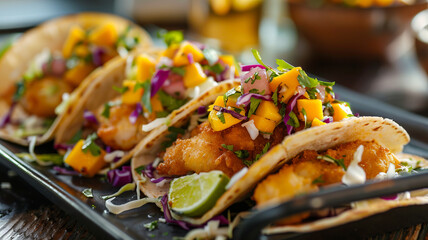 Crispy battered fish tacos with vibrant mango salsa, fresh cabbage, and lime. A flavorful Mexican delight!