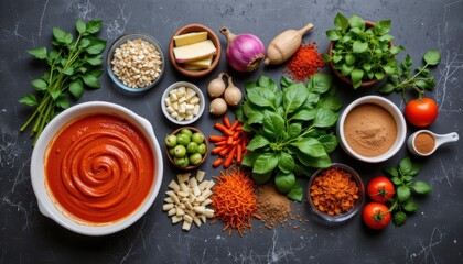 An Abundance of Fresh Ingredients and Spices for Culinary Preparation on a Dark Surface