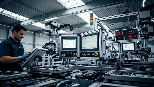 Man operating automated industrial machinery in a factory