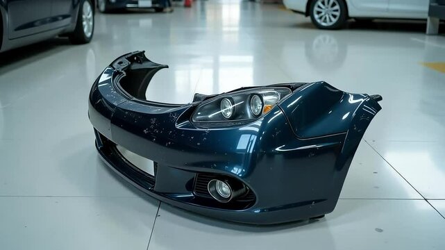 Dark blue car bumper rests on garage floor, ready for installation or repair services in an automotive shop.