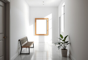 Modern hallway with wooden bench empty picture frame and potted plant