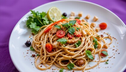 Delicious Spaghetti with Cherry Tomatoes, Fresh Herbs, and Lime on a White Plate with Purple Background