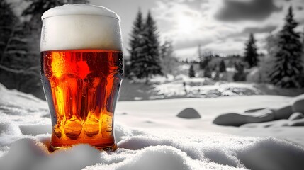 Frosty Beer Glass in Winter Wonderland Scene