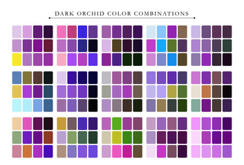 Dark orchid color palette. Trend color palette guide template. Fit for fashion designers, business, and paints colors company. Match combinations. Vector graphics. Eps 10.