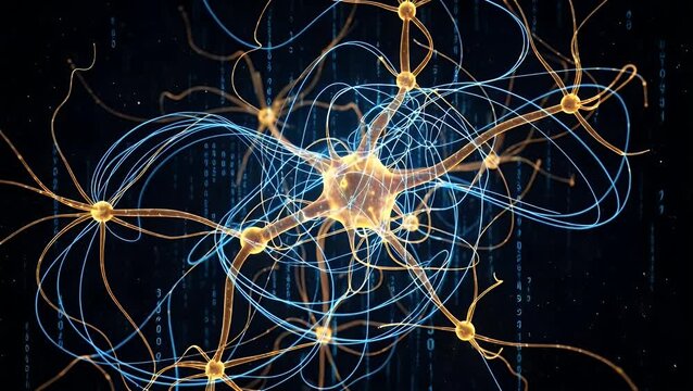 Neural network with glowing interconnected neurons and binary code