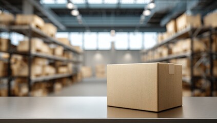 Large cardboard box placed on a table in a spacious warehouse filled with shelves stacked with boxes and goods for storage