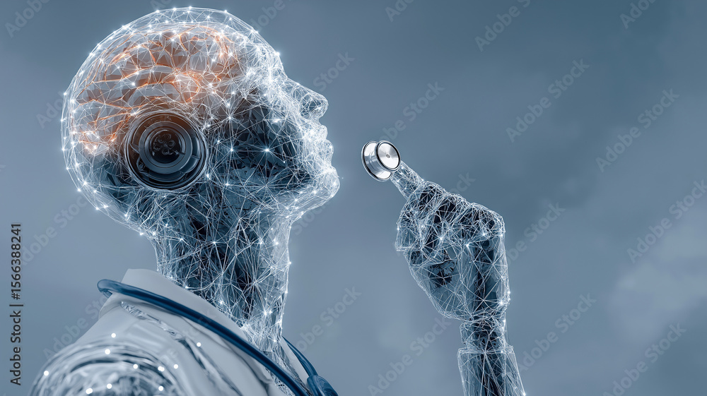 Poster Futuristic digital representation of humanoid figure with stethoscope symbolizes integration of AI in healthcare, highlighting innovation and technology in medical applications