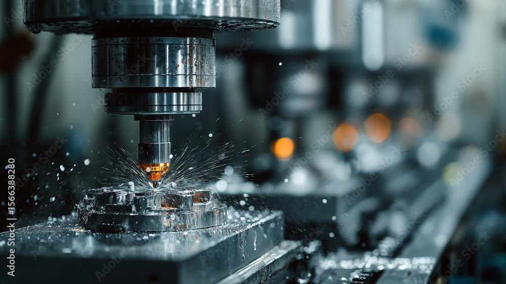 Poster CNC machine in action, precisely cutting metal with sparks flying, showcasing advanced manufacturing technology. scene captures dynamic and precise nature of modern industrial processes