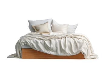 PNG Cozy unmade bed with wooden frame and cream bedding
