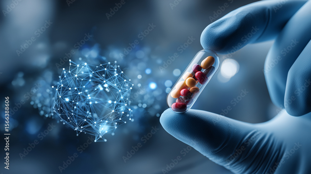 Poster gloved hand holds transparent capsule containing colorful pills, symbolizing advanced nanotechnology