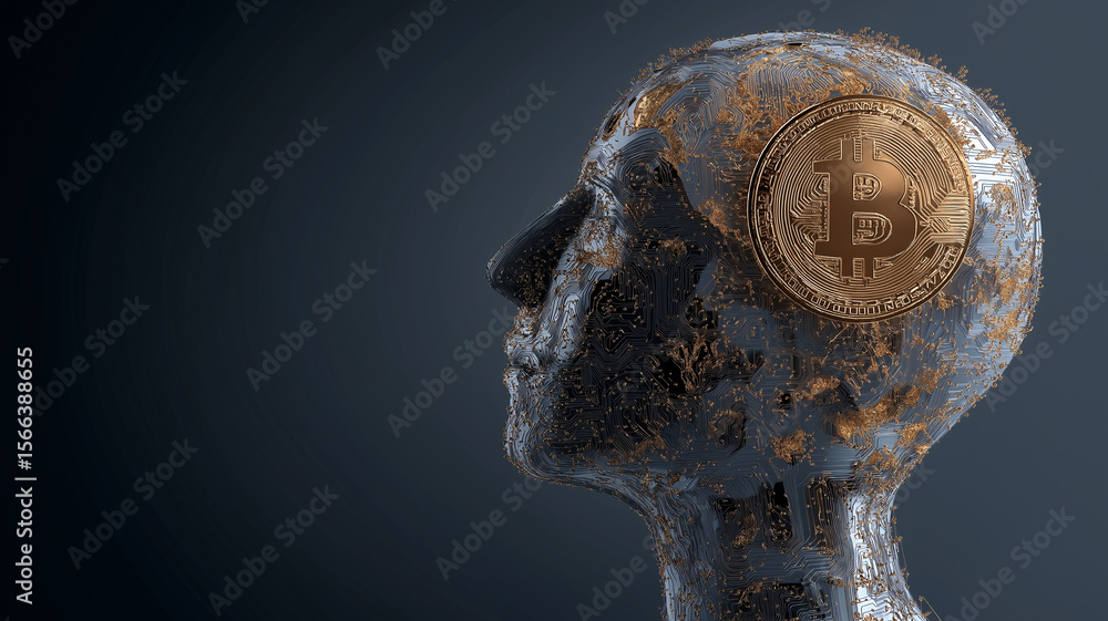 Poster Digital representation of human head with Bitcoin symbol embedded, symbolizing intersection of technology and finance. image conveys futuristic and innovative concept