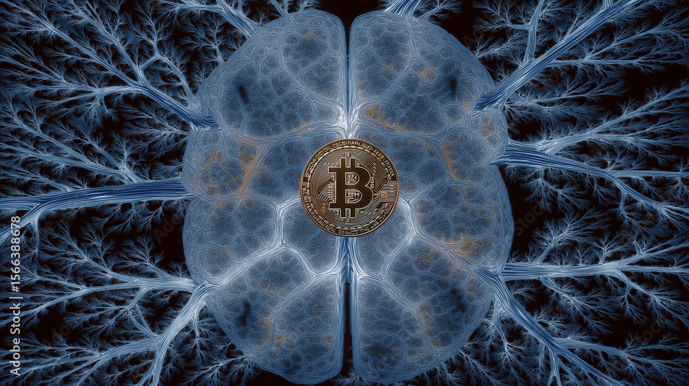 Poster Digital brain with neural connections surrounds central cryptocurrency coin, symbolizing intersection of neuroscience and decentralized finance