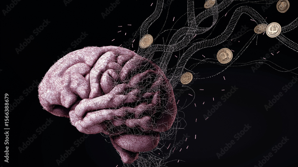 Poster Digital brain with neural connections intertwines with cryptocurrency symbols, symbolizing intersection of neuroscience and decentralized finance