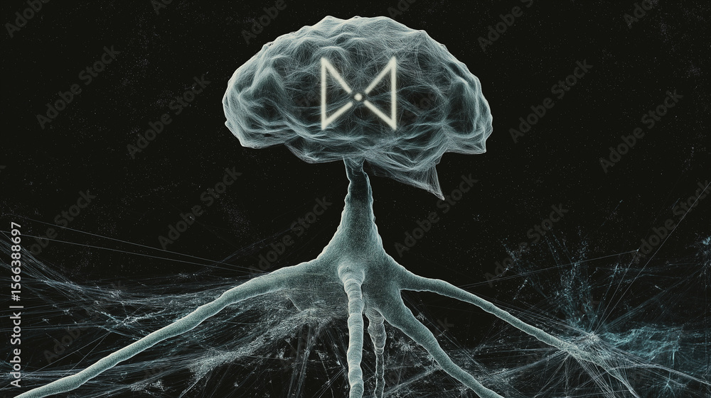 Poster Digital representation of brain with neural connections and glowing symbol, illustrating concepts of neuroscience and mental processes. dark background enhances futuristic theme