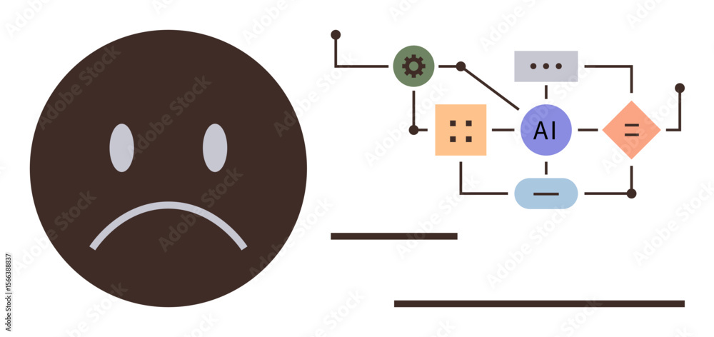 Poster sad brown face paired with ai flowchart showing connections and icons. ideal for ai challenges, emot