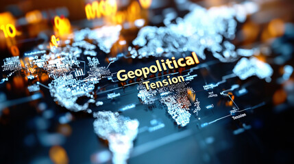 The concept of geopolitical tension on a futuristic digital world map, representing global conflict and data analysis.