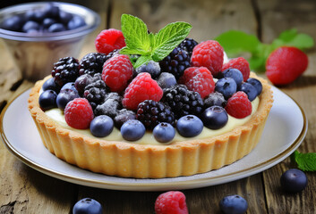 A delicious fruit tart topped with fresh raspberries, blueberries, and blackberries on creamy custard, garnished with mint leaves.