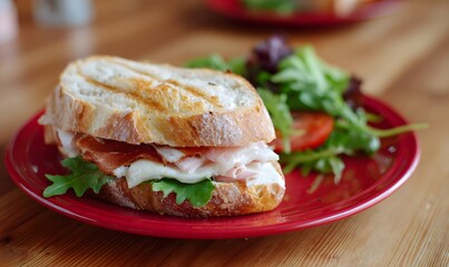 A delicious sandwich in red Plate, simple in the background, Generative AI