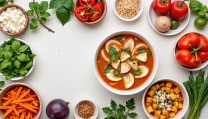 Fresh Ingredients and Vibrant Soup with Vegetables and Herbs Arranged on a Kitchen Table